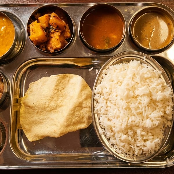 A metal thali tray with various Indian dishes, including rice, curries, and papadum.