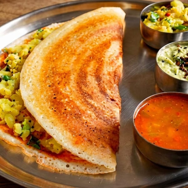Masala dosa with potato filling, served with sambar, coconut chutney, and potato curry on a steel plate.