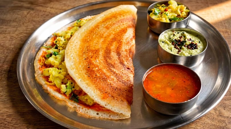 Masala dosa with potato filling, served with sambar, coconut chutney, and potato curry on a steel plate.