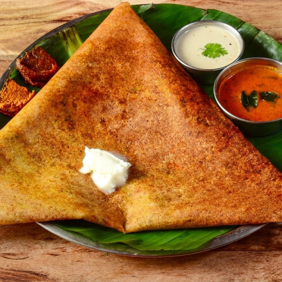 Golden-brown dosa with a dollop of butter, served with two chutneys and a sambar on a banana leaf.