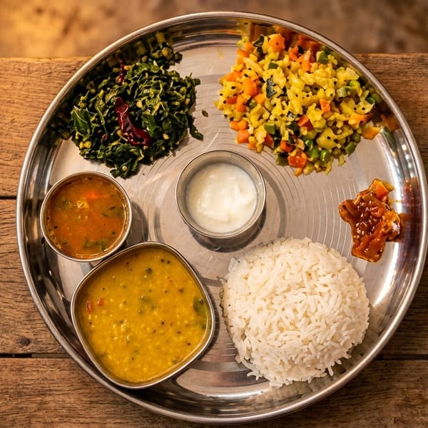 A traditional Indian thali meal with rice, dal, curries, and yogurt on a wooden table.