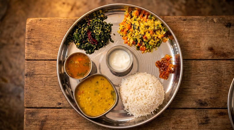 A traditional Indian thali meal with rice, dal, curries, and yogurt on a wooden table.