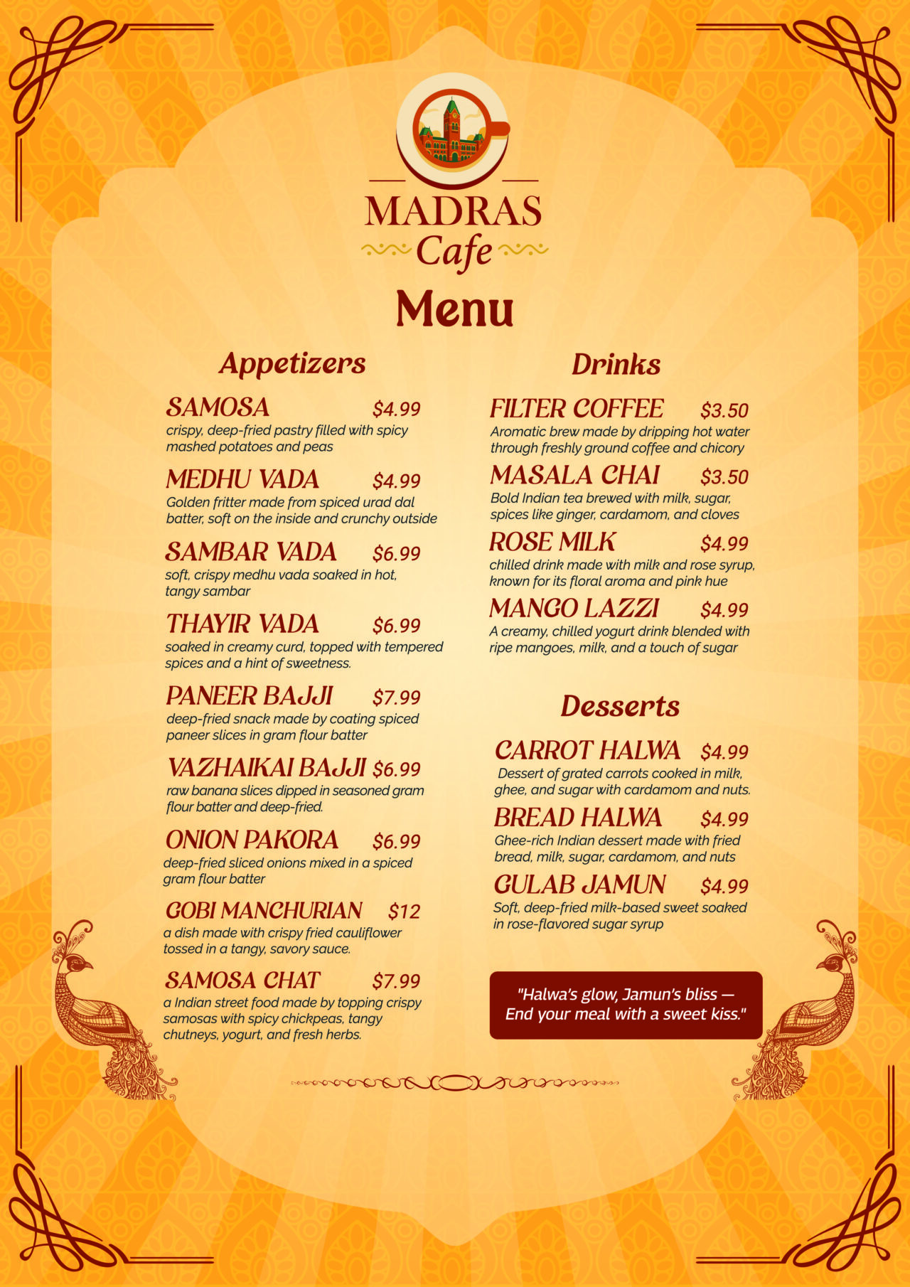 Appetizers drinks desserts